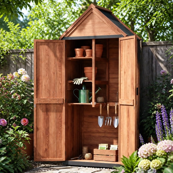 Aoxun Wood Outdoor Storage Cabinet with Floor, Magnetic Door Tool Storage Cabinet for Patio, Garden, Solid Wooden Garage Storage Cabinet with Asphalt Roof, 2.5'x1.4', Brown