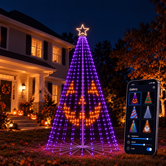 Aoycocr Smart Pre-Lit Cone Christmas Tree for Outdoor Yard, App Controlled RGB Holiday Tree with Hello Fairy App, 100+ Patterns DIY Loop Music Sync Timer Group Control for Lawn Garden