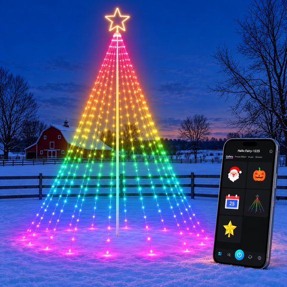 Aoycocr Smart Pre-Lit Pole Christmas Tree with String Lights Outdoor 8-16ft, App Controlled RGB Holiday Yard Tree Music Sync 100+ Modes Timer, Ground Stakes, All-Season Patio Garden Décor