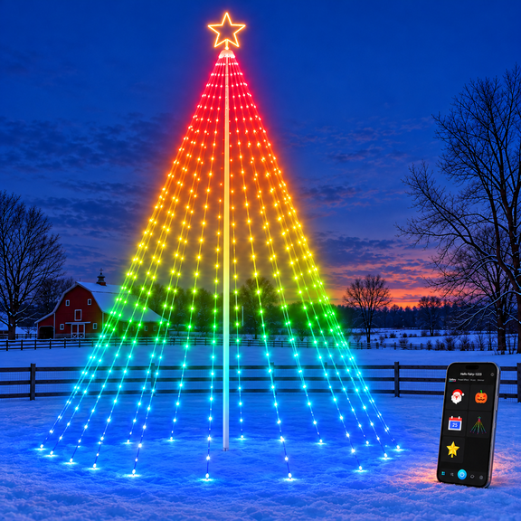 Aoycocr Smart Pre-Lit Pole Christmas Tree with String Lights Outdoor 8-16ft, App Controlled RGB Holiday Yard Tree Music Sync 100+ Modes Timer, Ground Stakes, All-Season Patio Garden Décor