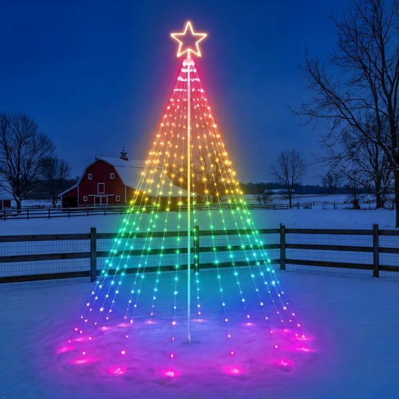 Aoycocr Smart Pre-Lit Pole Christmas Tree with String Lights Outdoor 8-16ft, App Controlled RGB Holiday Yard Tree Music Sync 100+ Modes Timer, Ground Stakes, All-Season Patio Garden Décor