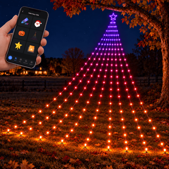Aoycocr Smart RGB-IC Waterfall Christmas Tree Lights, Hello Fairy App Controlled Cascading Hanging Fairy Lights for Outdoor Tree Eaves Wall Pole, Weatherproof Music Sync Holiday Decor