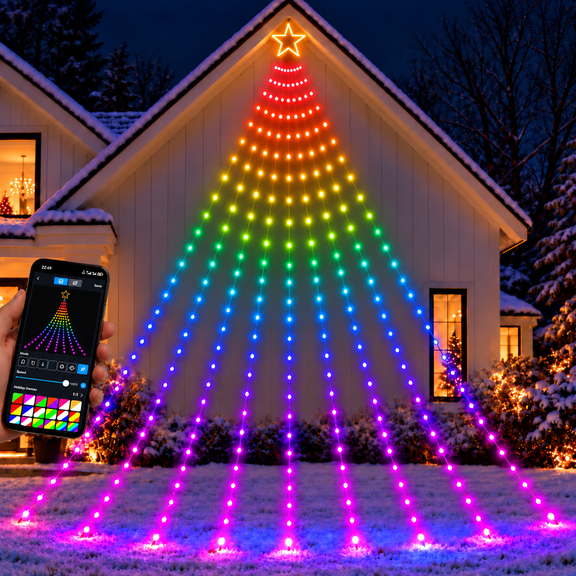 Aoycocr Smart RGB-IC Waterfall Christmas Tree Lights, Hello Fairy App Controlled Cascading Hanging Fairy Lights for Outdoor Tree Eaves Wall Pole, Weatherproof Music Sync Holiday Decor