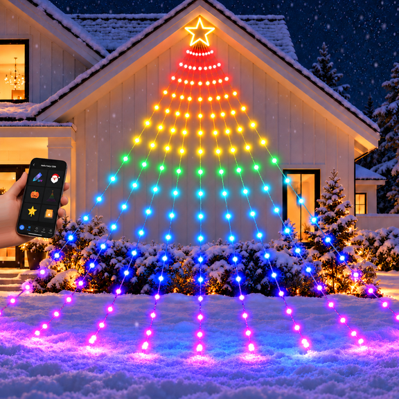 Aoycocr Smart RGB-IC Waterfall Christmas Tree Lights, Hello Fairy App Controlled Cascading Hanging Fairy Lights for Outdoor Tree Eaves Wall Pole, Weatherproof Music Sync Holiday Decor