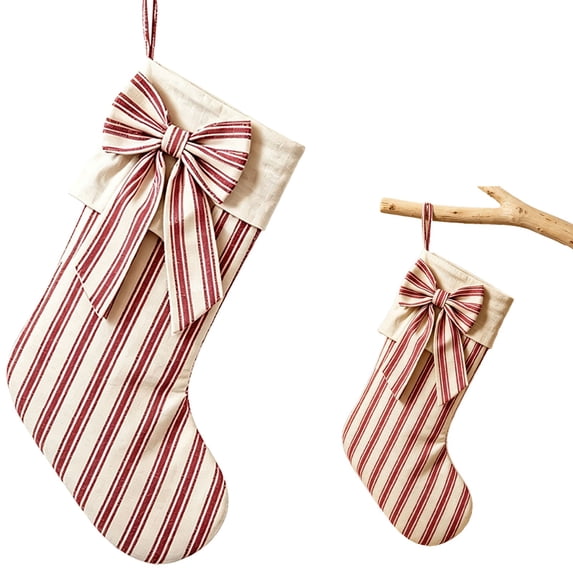Aoyunhp 1Pc Burlap Christmas Stockings,Retro Bow Plaid Stripe Stocking,Rustic Jute Holiday Sock Decor for Mantel and Tree Bags for Candy and Farmhouse Xmas Decorations,Hot Pink