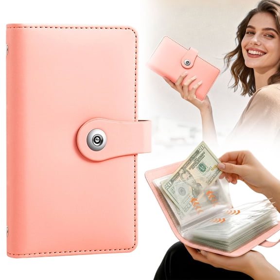 Aoyunhp 1Pc Cash Stuffing Wallet,Credit Card Holder Book,Binder Cover PU Leather Small Notebook,Envelope Challenge with Lock Savings,Cash Envelope Binder Pockets Sleeves,Pink,7"x4.33"