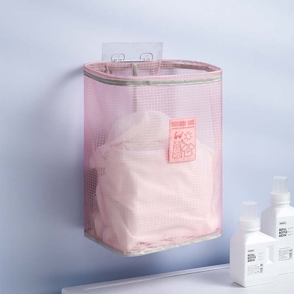 Aoyunhp 1Pc Foldable Wall-mounted Laundry Basket,Mesh Hanging Storage Organizer,Laundry Hamper Clothes Basket,Cotton Washing Bag Foldable Storage,Pink