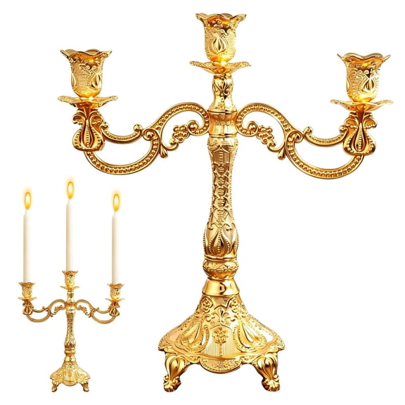 Aoyunhp 1Pc Metal Candelabra,European Style Three Candle Carved Candlestick,Candle Holder Centerpiece,Two Tone Gold and Silver Light Metal Candlestick Wedding Table and Home Decor Ornament