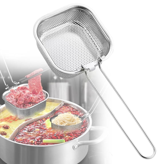 Aoyunhp 1Pc Stainless Steel Noodle Strainer with Hook,Square Collapsible Hot Pot Filter for and Frying,Stainless Slotted Strainer Spoon with Foldable Handle Mesh for Pasta Frying & Oil Draining