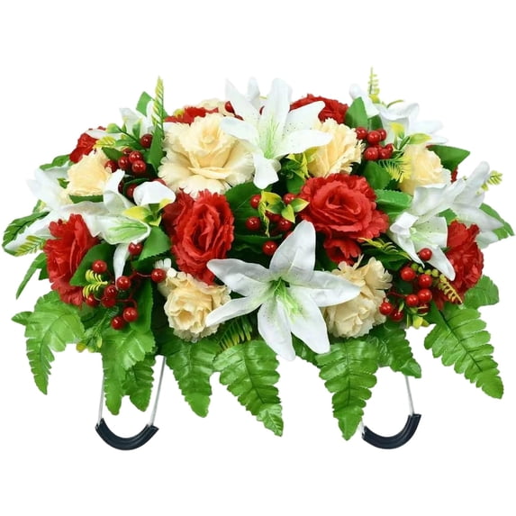 Aoyunhp Cemetery Flower Saddle,Artificial Cemetery Saddle,Grave Flowers for Cemetery,Outdoor Tombstone Memorial Decorations,Memorial Arrangement Decor for Cemetery Top Ornament