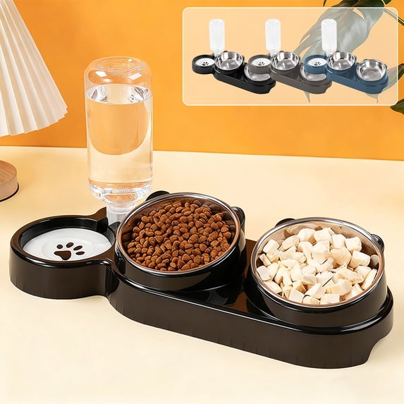 Aoznliie 3-in-1 Pet Bowl Set, Tilted Stainless Steel Dog Bowl with Non-Slip Base for Small Dogs, 16x7x3 inch Elevated Cat Dish for Food and Water,Gray