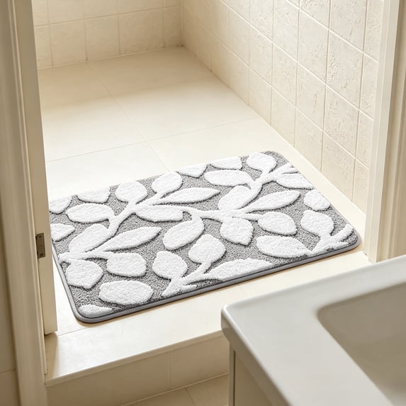 Aoznliie Bathroom Rugs, Leaf Pattern Soft Microfiber Bath Mat, 20x31 inch Non Slip Washable Absorbent Bath Rug for Bathroom,Gray