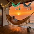 thumbnail image 1 of Aoznliie Camping Hammock, Double Canvas Hammock with Anti-Tip Spreader Bar & Fringe Tassels, Heavy Duty Portable Outdoor Swing Bed for Backyard Patio Garden, 1 of 7