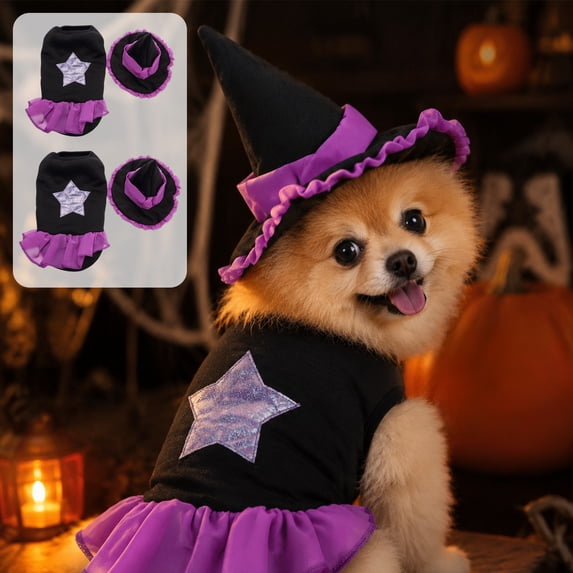 Aoznliie Cat Costume, Halloween Witch Dress with Hat for Small Dogs, 11.4x16.9 inch Purple Outfit for Party, Purple