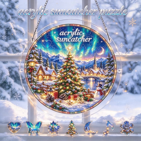 Aoznliie Christmas Acrylic Puzzle Suncatcher, Stained Glass Style Suncatcher for Window Decor, 7.5 inch Gift for Xmas, Mom, Birthday, Housewarming