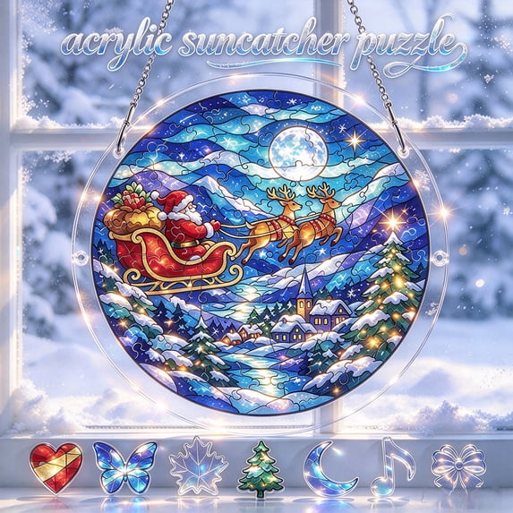 Aoznliie Christmas Acrylic Puzzle Suncatcher, Stained Glass Style Suncatcher for Window Decor, 7.5 inch Gift for Xmas, Mom, Birthday, Housewarming