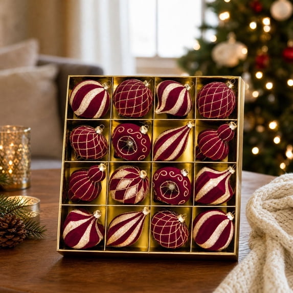 Aoznliie Christmas Ball Ornaments, 16 Pcs Flocked Shrink-Proof Ornaments Set, Hanging Christmas Tree Decorations for Holiday Party Home, 12.6 Inch