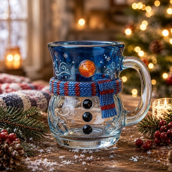 Aoznliie Christmas Snowman Glass Mug, 15oz Transparent Coffee Cup with Winter Design, 4.3x4.3 inch Holiday Drinkware for Hot Cocoa Tea