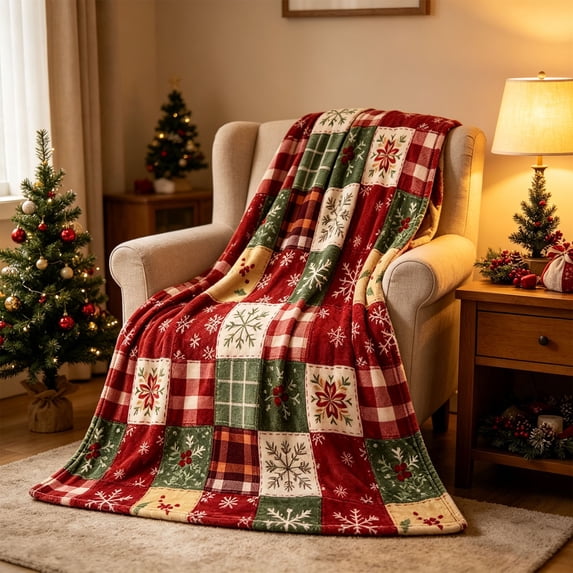 Aoznliie Christmas Throw Blanket, Patchwork Snowflake Flannel Throw Blanket & Holiday Winter Plaid Blanket for Sofa Bed, 59.06x39.37 in