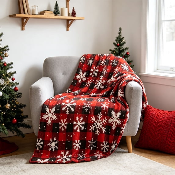 Aoznliie Christmas Throw Blanket, Red Black Buffalo Plaid Snowflake Flannel Throw Blanket & Winter Throw Blanket for Sofa Bed, 59.06x39.37 in