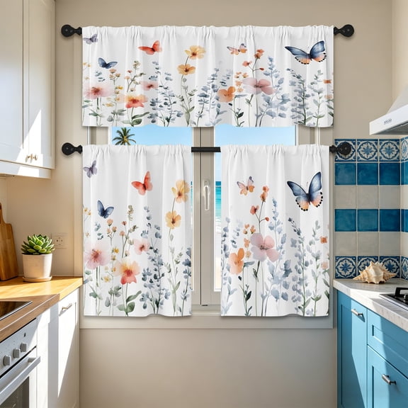 Aoznliie Curtains Sets, Washable Light Filtering Waterproof Valance & Curtains for Kitchen Window, 3 Piece Rod Pocket Floral Set for Cafe