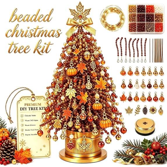 Aoznliie DIY Beaded Christmas Tree Kit, Bead Kit Xmass Tree with Maple Topper & Lights, Ideal Tabletop Christmas Decor for Home Office