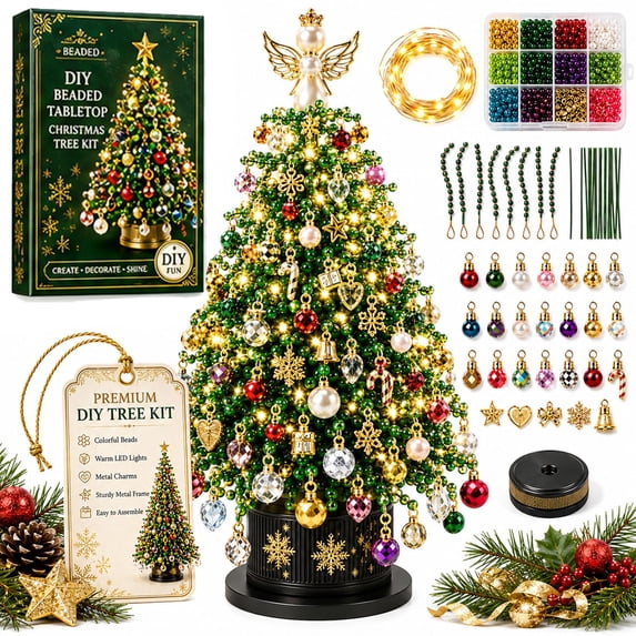 Aoznliie DIY Beaded Christmas Tree Kit, Diy Small Xmas Tree with Sparkling Crystal Beads & Lights, Handmade Craft for Shelf Desk Centerpiece