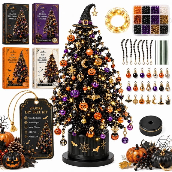 Aoznliie DIY Beaded Christmas Tree Kit, Diy Small Xmas Tree with Witchhat Topper & Lights, Ideal Christmas Decor for Home Office, Black