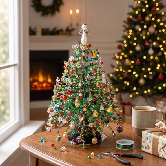 Aoznliie DIY Christmas Tree Kit, Beaded Tabletop Xmas Tree with Sparkling Crystal Beads & Lights, Handmade Craft Decor for Shelf Desk Centerpiece
