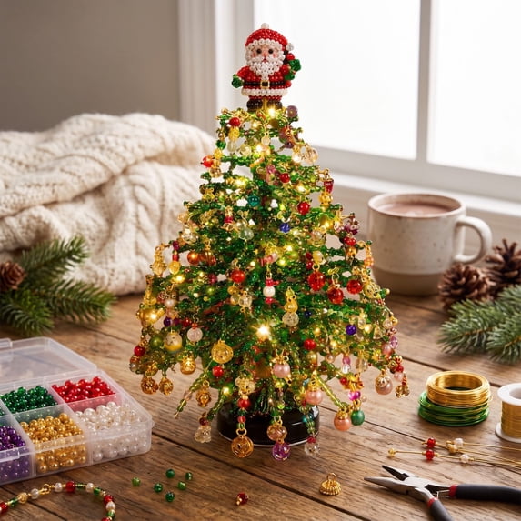 Aoznliie DIY Christmas Tree Kit, Santa Topper Beaded Tabletop Xmas Tree with Lights, 8x6 Inch Handmade Craft Decor for Shelf Desk, Green