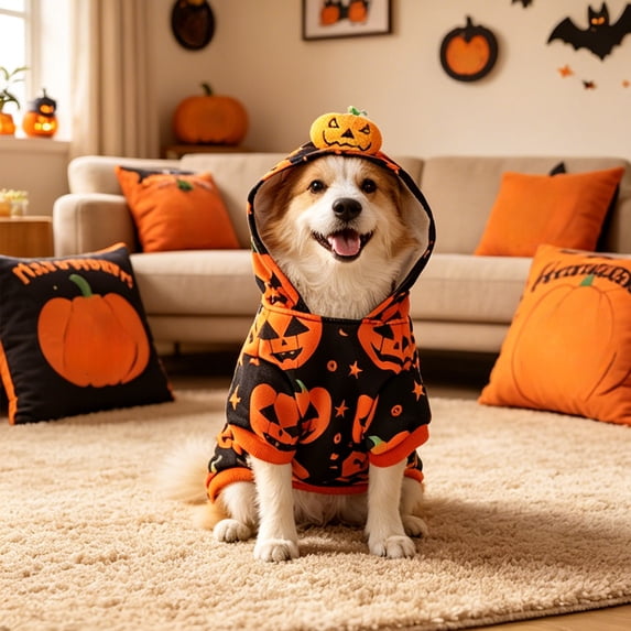Aoznliie Dog Clothes, Halloween Pumpkin Hooded Jumpsuit for Small Dogs, S 3.3-5.5lb Soft Pet Outfit for Puppy, Orange