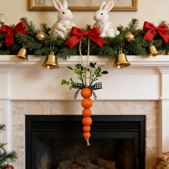 Aoznliie Easter Decorations Carrot Pendant, Wooden Bead String Hanging Ornament, 5.3 Inch Wood Carrot Decor for Easter Tree Party Wall Door Spring Home Decor
