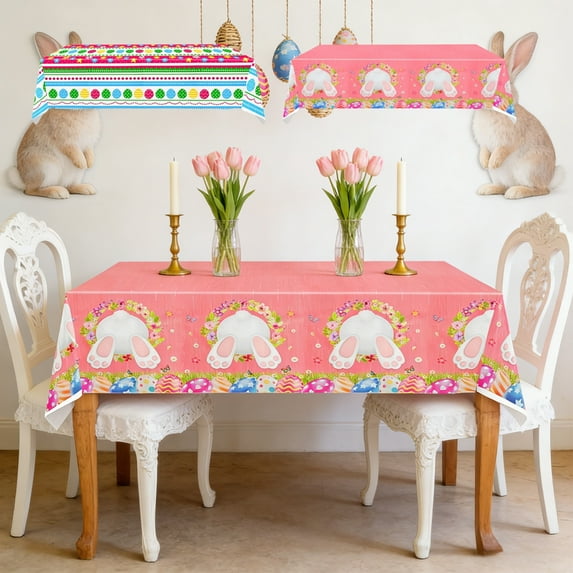 Aoznliie Easter Decorations Tablecloth, 72x54 Inch Rectangular Plastic Table Cover with Bunny Egg Design, Waterproof Disposable Tablecloth for Spring Holiday Dining Party Supplies (Multicolor)