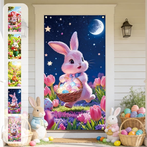 Aoznliie Easter Door Decor, 35x72 Inch Door Cover with Bunny Egg Design, Festive Door Curtain for Front Door Indoor Wall Hanging, Spring Holiday Festival Party Decoration (Multicolor)
