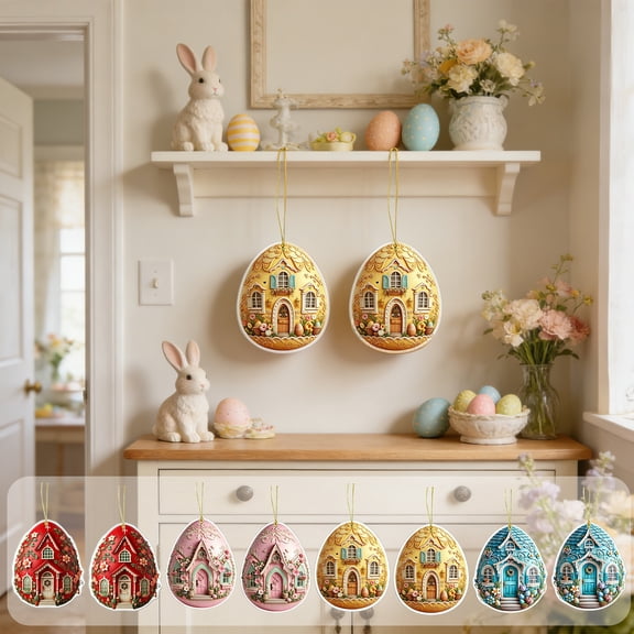 Aoznliie Easter Egg Decorations, 3 Inch 2D Plastic Easter Egg Pendants, Hanging Ornament Tags for Easter Tree Party Favor Supplies, Set of 2 (Multicolor)