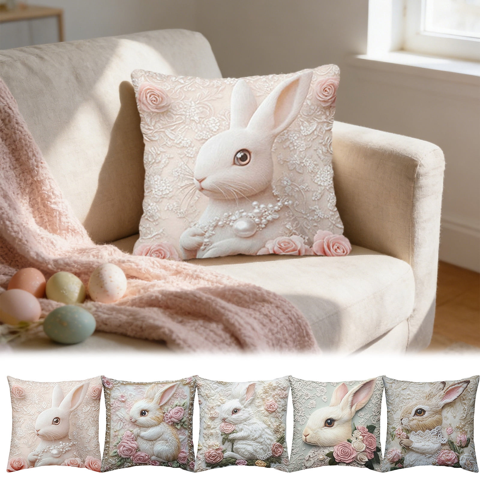 Aoznliie Easter Pillow Covers, 3D Faux Embroidery Bunny Rabbit Design ...