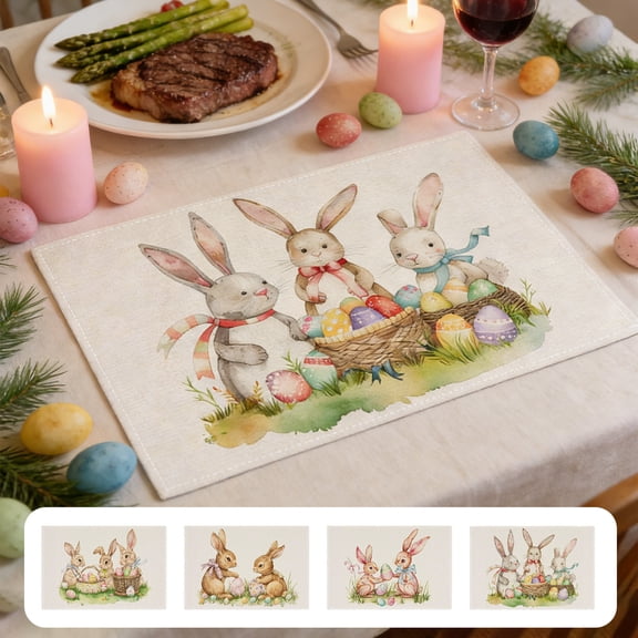 Aoznliie Easter Placemats, 17.7x11.8 Inch Insulated Table Mats with Bunny Egg Design, Washable Heat Resistant Placemat for Spring Holiday Dining Kitchen Decor (Multicolor)
