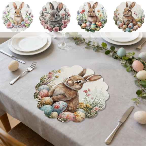 Aoznliie Easter Placemats, Bunny Easter Egg Print Irregular Lace Side Round Placemats, 15 Inch Linen Washable Placemats for Spring Home Dining Table Kitchen