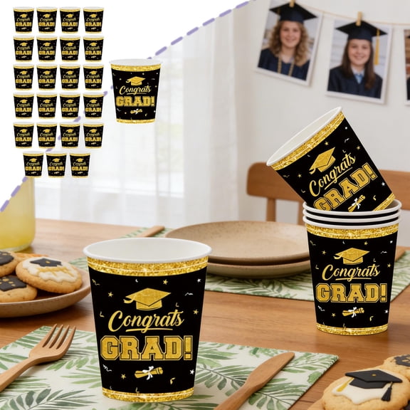 Aoznliie Graduation Party Supplies Disposable Tableware Set,Black Gold Paper Plates & Napkins& Cups for 2026 Class of Graduation Party, 24 Pcs
