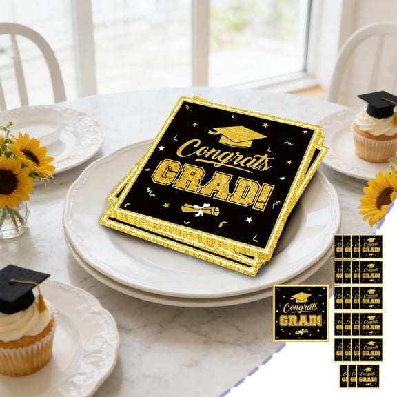 Aoznliie Graduation Party Supplies Disposable Tableware Set,Black Gold Paper Plates & Napkins& Cups for 2026 Class of Graduation Party, 24 Pcs