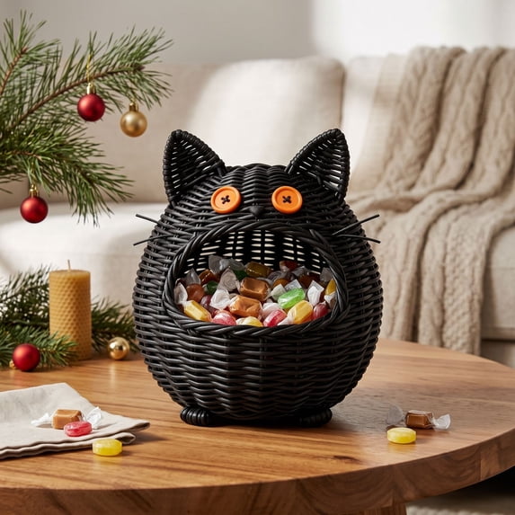 Aoznliie Halloween Black Cat Decor, Handwoven Rattan Storage Basket with Orange Eyes, 9x8 inch Reusable Tabletop Organizer for Candy Trinkets, Black