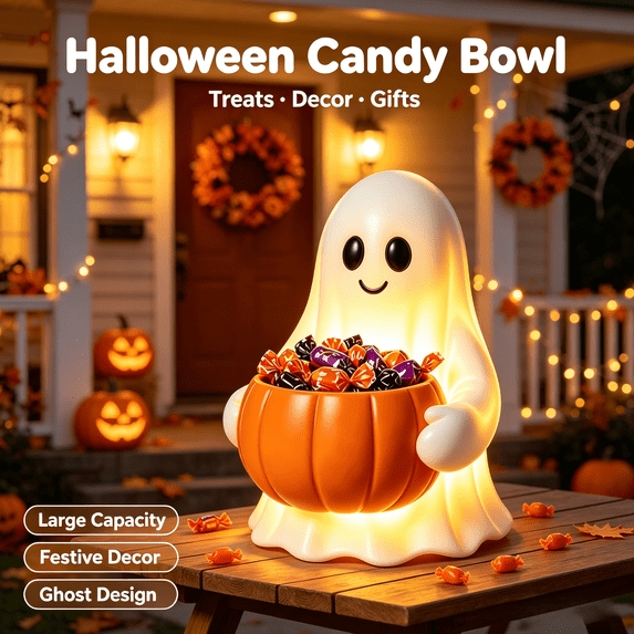 Aoznliie Halloween Candy Bowl, Light Up Ghost Statue with Pumpkin Candy Bowl, 8 inch Halloween Decor for Party Table, White