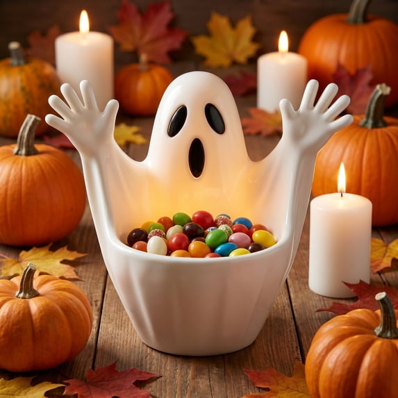 Aoznliie Halloween Candy Bowl, Raised Hands Ghost Candy Holder for Office Desk, 6 inch Ghost Decor for Halloween Party, White