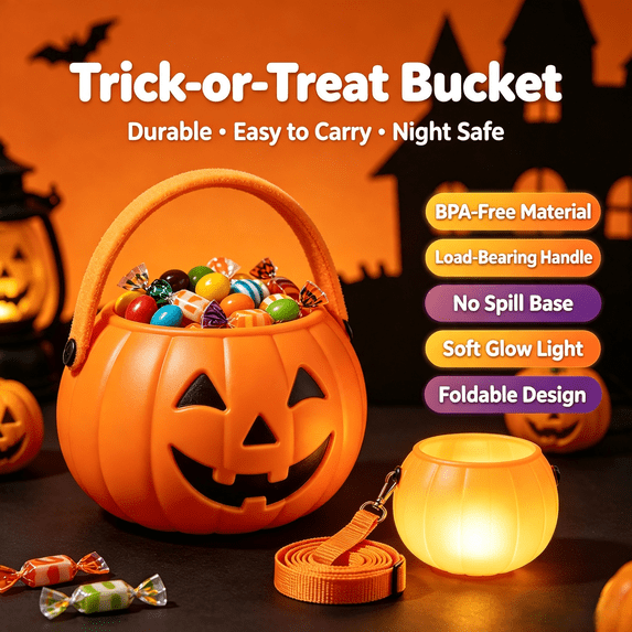 Aoznliie Halloween Candy Bucket, Light Up Plastic Pumpkin Trick or Treat Bucket with Shoulder Strap & Plush Handle, 6 in Foldable Reusable Candy Bowl, Orange
