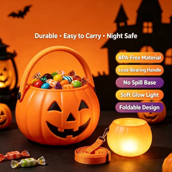 Aoznliie Halloween Candy Bucket, Light Up Plastic Pumpkin Trick or Treat Bucket with Shoulder Strap & Plush Handle, Foldable Reusable Candy Bowl, 6 in