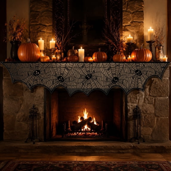 Aoznliie Halloween Fireplace Cover, Black Lace Spiderweb Mantel Scarf for Fireplace Decor, 79x20 inch Gothic Halloween Decor for Mantel, Black