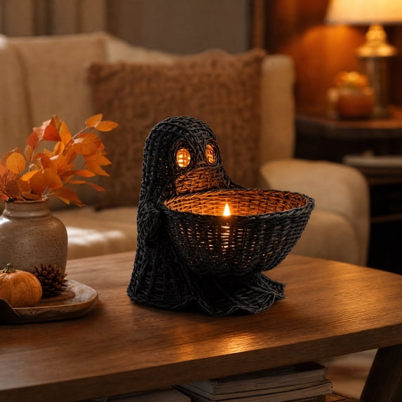 Aoznliie Halloween Ghost Decor, Handwoven Rattan Candy Bowl with Hollow Eyes, 8x8x7 inch Gothic Storage Basket for Treats Trinkets, Black