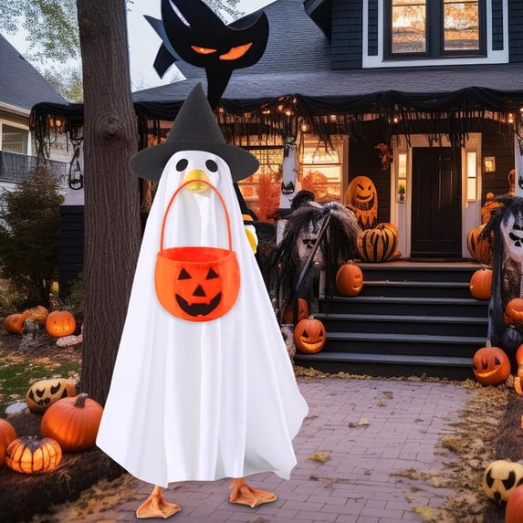 Aoznliie Halloween Goose Outfit, Ghost Pumpkin Cape with Witch Hat for Porch Decor, 23 inch Goose Costume for Garden Display, White
