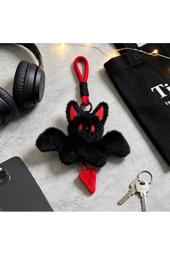 Halloween Keychain, Bat Plush Doll with Black Wings , Halloween Ornament Spooky Keychain for Bag & Keys, 7x6 in
