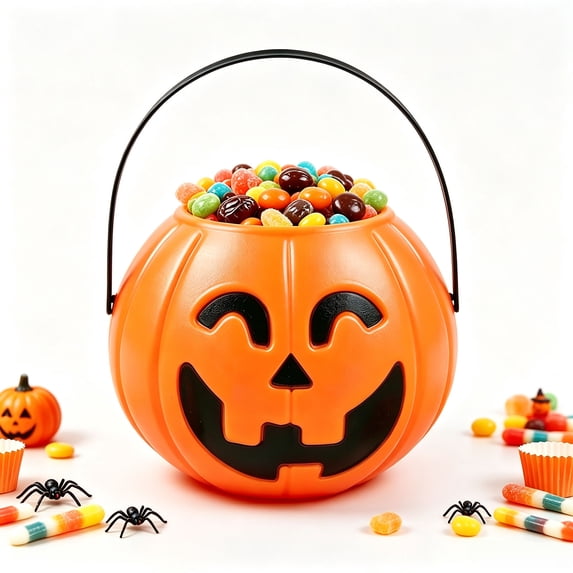 Aoznliie Halloween Pumpkin Candy Bucket, Plastic Pumpkin Pail with Sturdy Handle, 3x2 inch Trick or Treat Party Favors, Orange